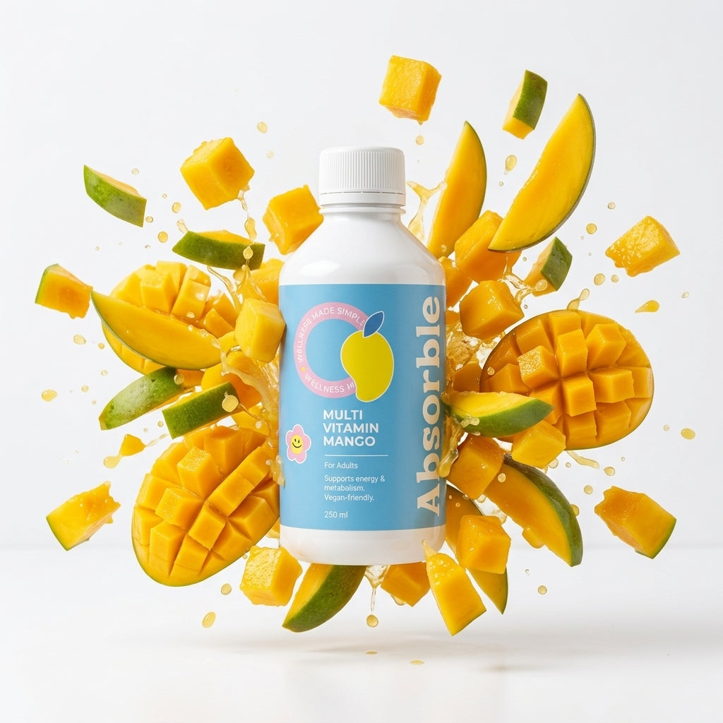 Absorbite Multi Vitamin Mango bottle surrounded by mango pieces on a white background
